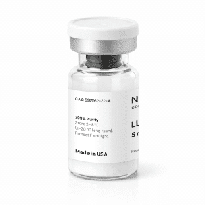 A clear glass vial labeled “LL37,” with a white label and silver cap, contains a white powder. The label displays purity, storage instructions, and “Made in USA.” The upright vial is set against a white background.