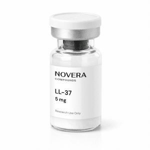 A small clear vial labeled “LL37” with a white label stating “NOVERA COMPOUNDS LL-37 5 mg Research Use Only” and sealed with a silver cap, containing a white powder.