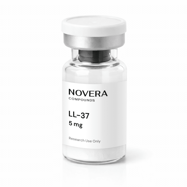 A small clear vial labeled “LL37” with a white label stating “NOVERA COMPOUNDS LL-37 5 mg Research Use Only” and sealed with a silver cap, containing a white powder.