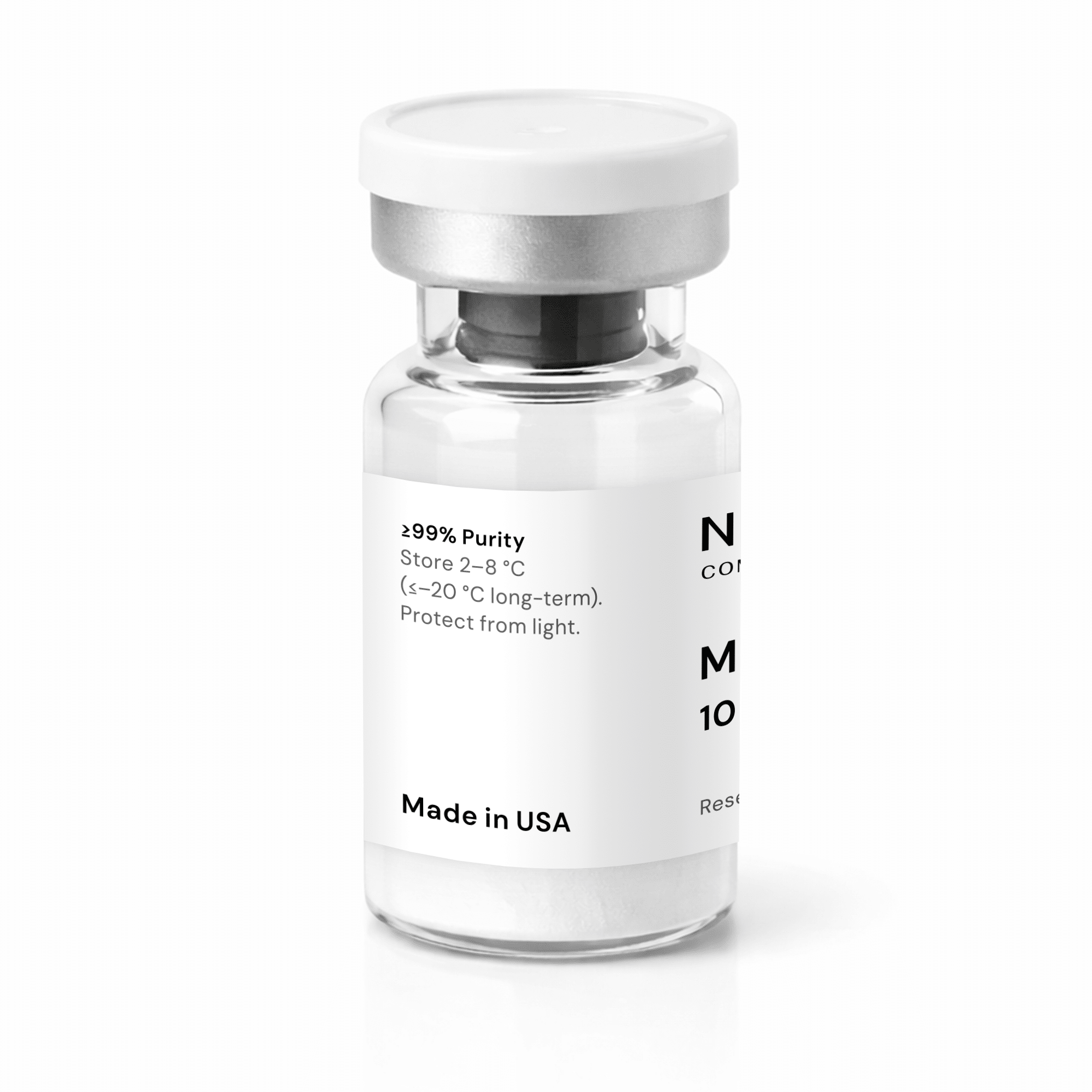 A clear glass vial with a silver cap and a white label displaying “MOTs-C 10mg,” “≥99% Purity,”