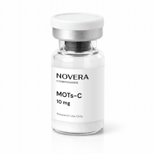 A clear vial labeled “MOTs-C 10mg” with a white cap, standing upright on a white background.