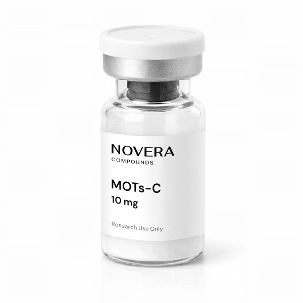 A clear vial labeled “MOTs-C 10mg” with a white cap, standing upright on a white background.