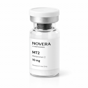A clear vial labeled “MT-2 (Melanotan 2) 10 mg Research Use Only” with a white cap, containing a small amount of white powder.