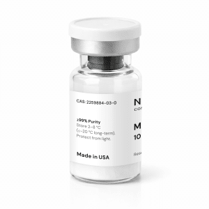 A clear glass vial with a white label stating “Mazdutide 10mg,” a silver cap, and visible white powder inside. The label also indicates ≥99% purity, storage instructions, and “Made in USA.”.