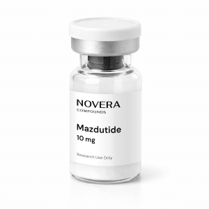 A clear vial labeled “Mazdutide 10mg, Research Use Only” from Novera Compounds, featuring a silver cap and displayed against a white background.