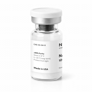 A small glass vial labeled “NAD+ 1000mg” with a white cap contains white powder. The label displays storage instructions, purity details, and states “Made in USA.” The CAS number 53-84-9 is visible.