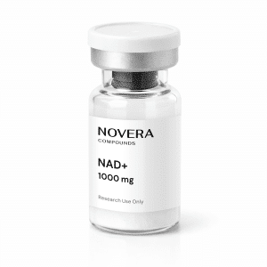 A clear glass vial labeled “NAD+ 1000mg, Novera Compounds, Research Use Only” has a silver cap and contains a white powder.