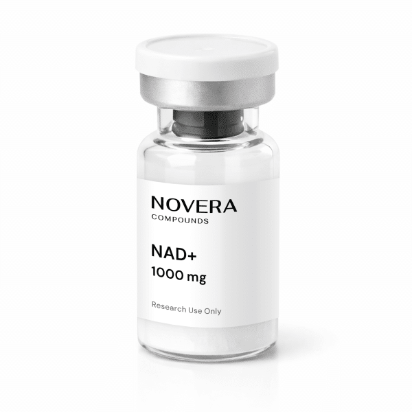 A clear glass vial labeled “NAD+ 1000mg, Novera Compounds, Research Use Only” has a silver cap and contains a white powder.