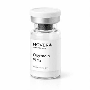 A clear vial labeled “Oxytocin 10mg” with a white cap and a white label stating “Research Use Only,” displayed on a white background.