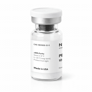 A clear vial with a white label showing purity, storage instructions, and “Made in USA.” The label also lists a CAS number, indicating it contains a scientific or medical substance.