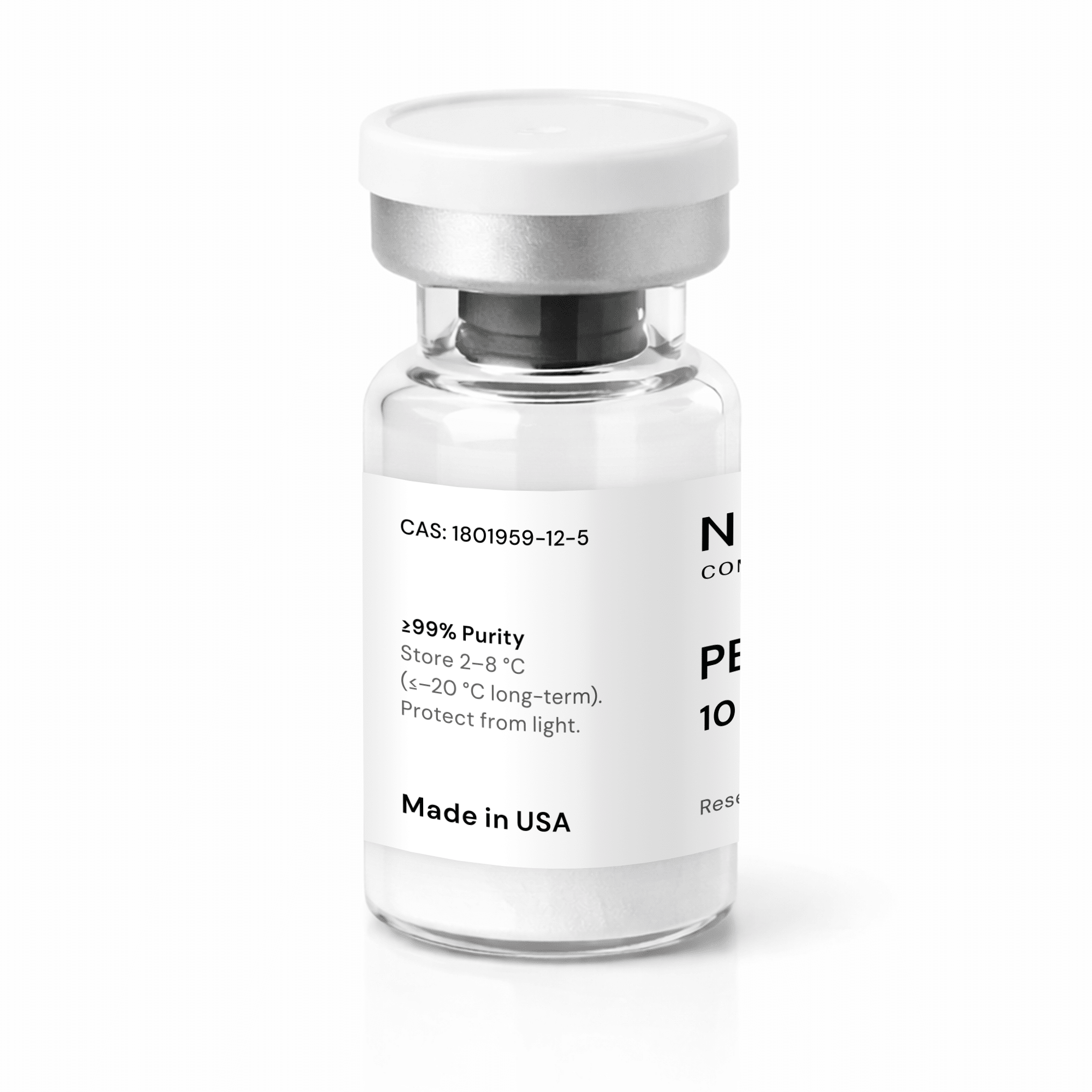 A clear vial with a white label showing purity, storage instructions, and “Made in USA.” The label