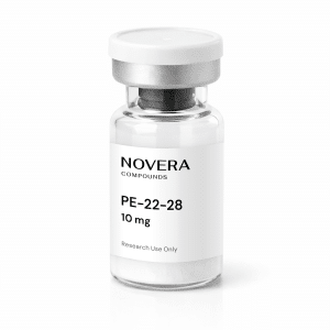 A clear vial labeled “NOVERA COMPOUNDS PE-22-28 10 mg” with a gray cap. The label also states “Research Use Only.” The vial is upright on a white background.
