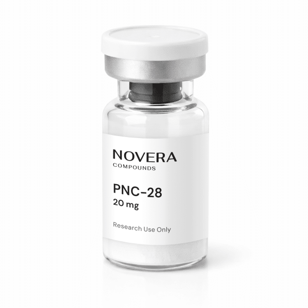 A clear vial labeled “Novera Compounds, PNC-28, 20 mg, Research Use Only” with a silver cap, shown on a white background.