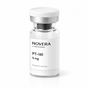 A small clear vial labeled “PT-141 5mg” with a white cap, containing a white powder inside.