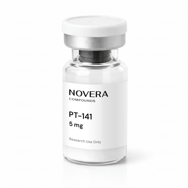 A small clear vial labeled “PT-141 5mg” with a white cap, containing a white powder inside.