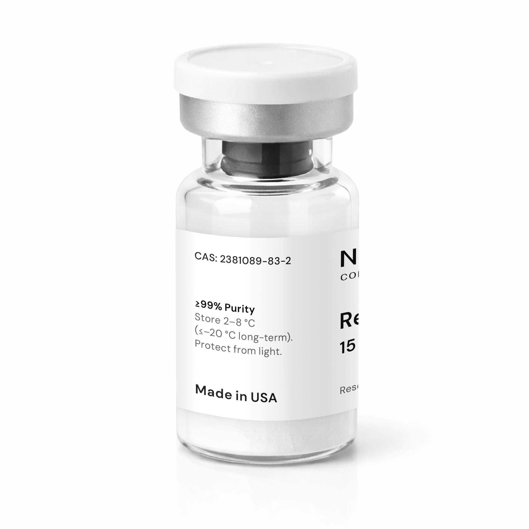 A clear glass vial with a white label and silver cap, containing a white powder. The label includes