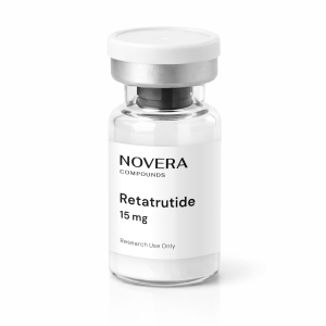 A clear vial labeled “NOVERA COMPOUNDS Retatrutide 15 mg, Research Use Only” with a white cap, set against a white background.