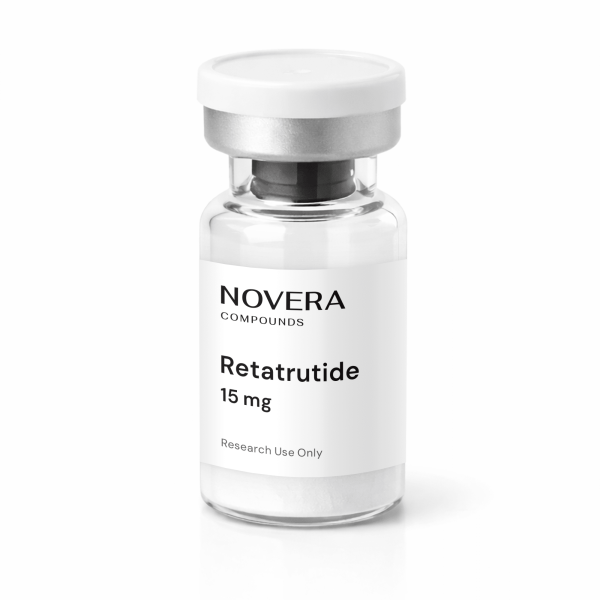 A clear vial labeled “NOVERA COMPOUNDS Retatrutide 15 mg, Research Use Only” with a white cap, set against a white background.