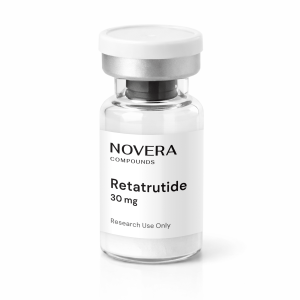 A clear glass vial labeled “NOVERA COMPOUNDS Retatrutide 30 mg, Research Use Only” with a white cap, against a plain white background.