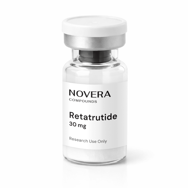 A clear glass vial labeled “NOVERA COMPOUNDS Retatrutide 30 mg, Research Use Only” with a white cap, against a plain white background.