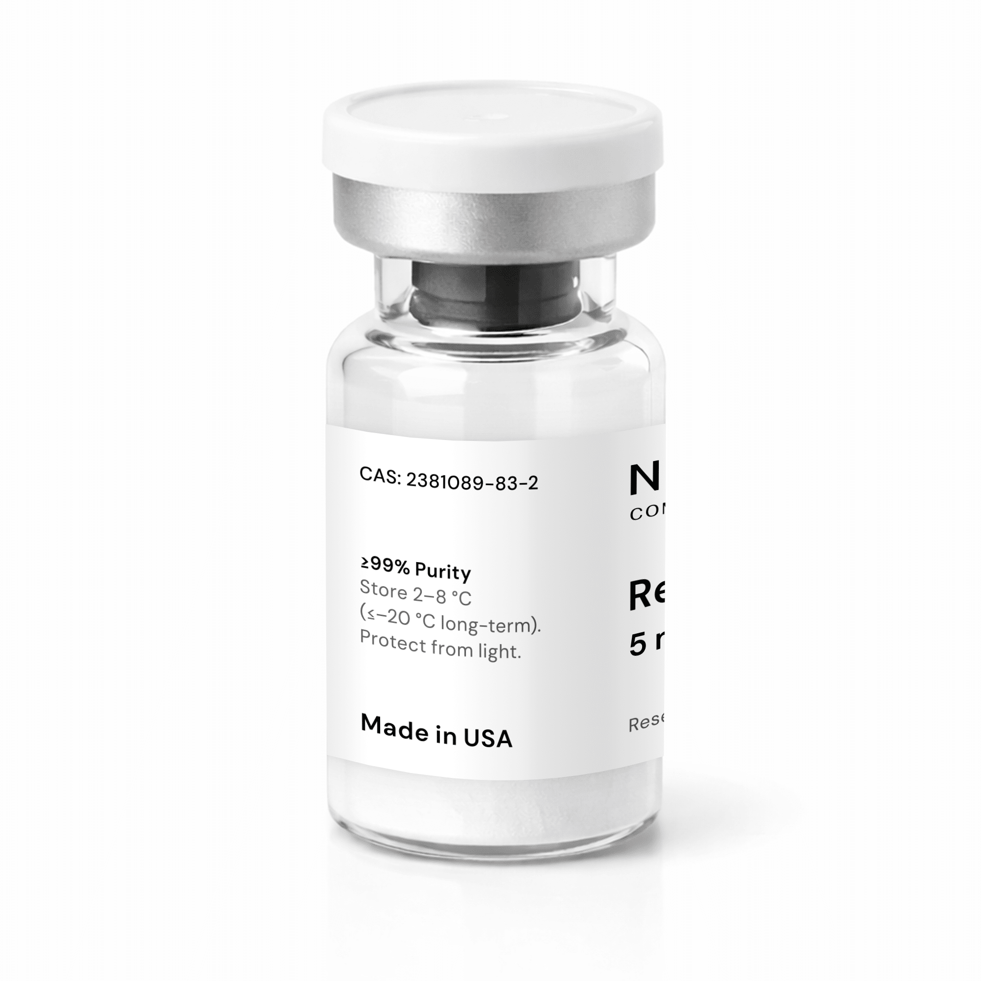 A clear glass vial with a white label and silver cap, containing white powder. The label displays