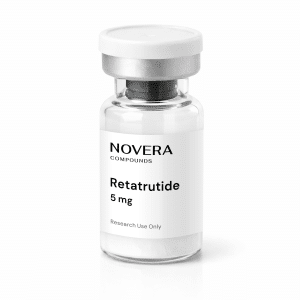 A clear vial labeled “Retatrutide 5mg” containing white powder, sealed with a silver cap, and displaying “Research Use Only” on the label.