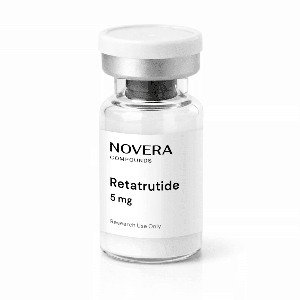 A clear vial labeled “Retatrutide 5mg” containing white powder, sealed with a silver cap, and displaying “Research Use Only” on the label.