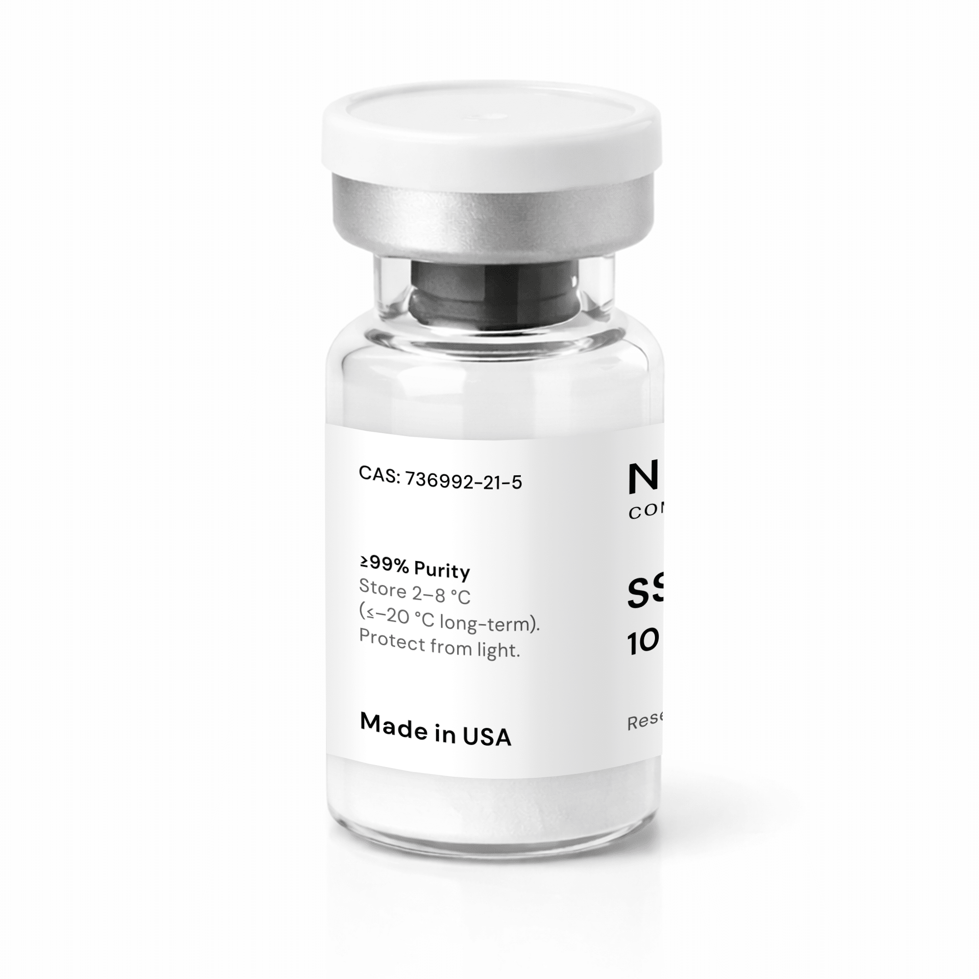 A clear vial with a white cap containing white powder. The label reads “≥99% Purity,” includes
