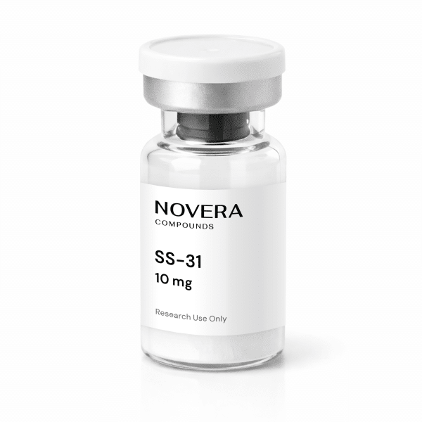 A small clear vial labeled “NOVERA COMPOUNDS SS-31 10 mg Research Use Only” with a white cap, against a white background.