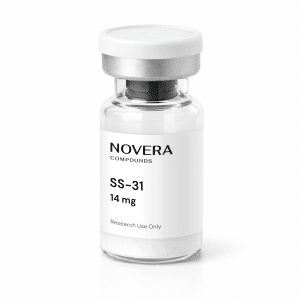 A clear vial labeled “Novera Compounds SS-31 14 mg, Research Use Only” with a white cap and a white label, containing a small amount of white powder.