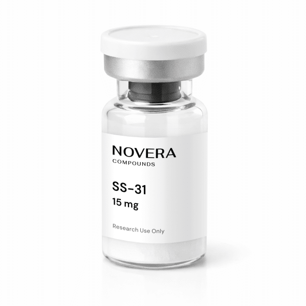 A clear vial with a white label reading “Novera Compounds SS-31 15 mg, Research Use Only” and a silver cap, containing a white powder.