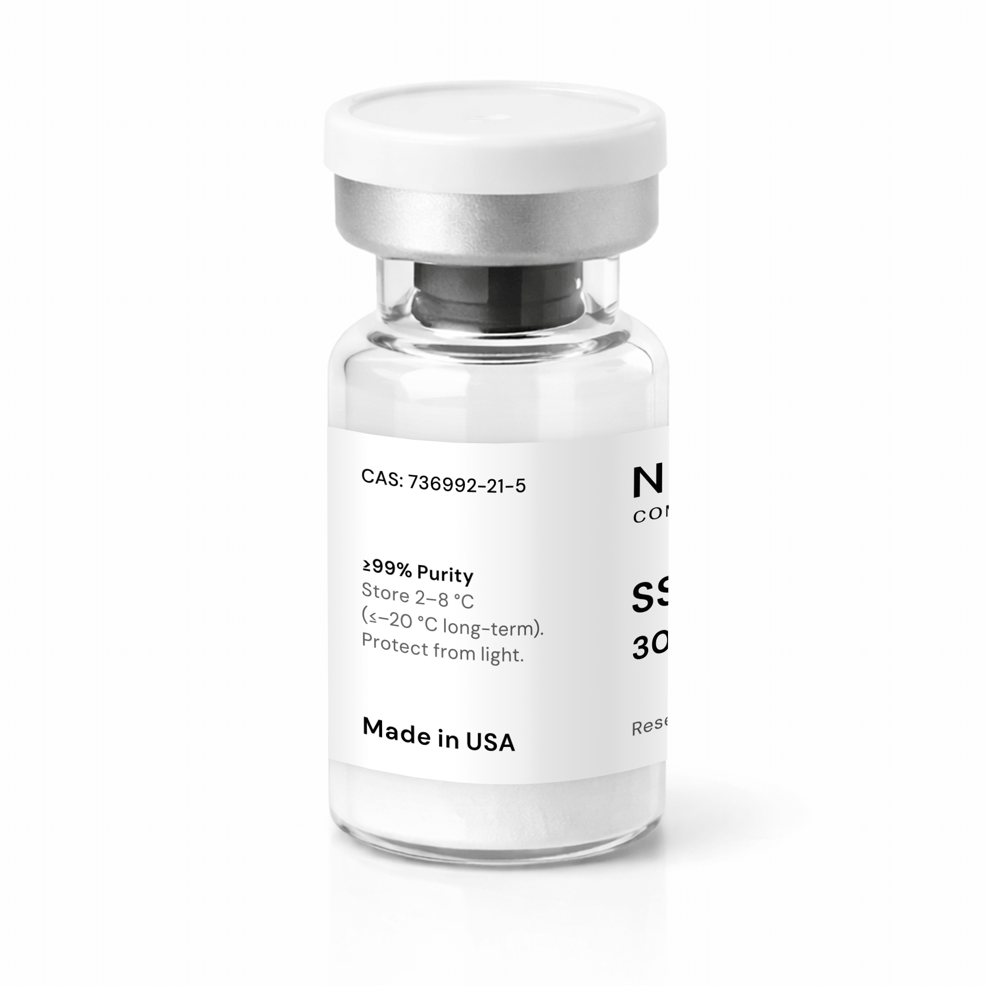 A clear glass vial with a white label and cap, displaying text including “≥99% Purity,” “CAS