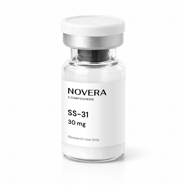 A clear glass vial labeled “Novera Compounds SS-31 30 mg, Research Use Only” with a silver cap, containing a white powder.