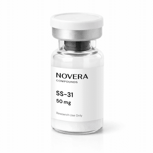 A clear glass vial labeled “Novera Compounds SS-31 50 mg, Research Use Only,” with a silver cap, containing a white powder.