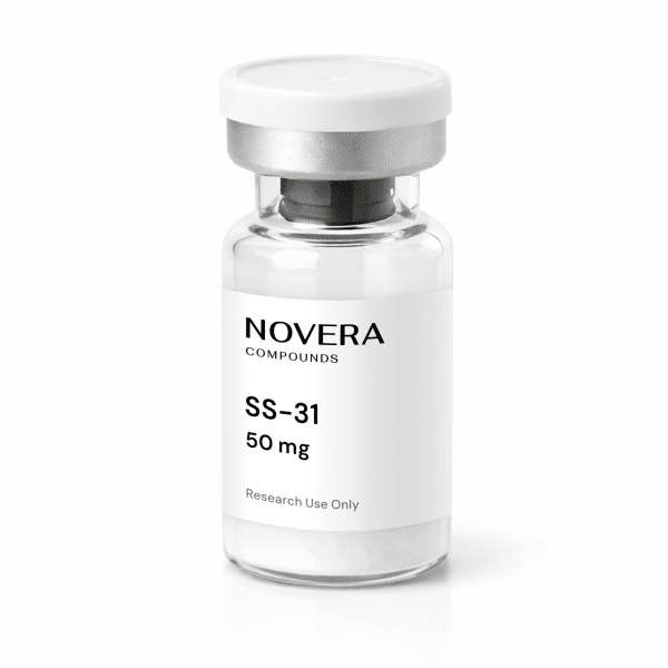 A clear glass vial labeled “Novera Compounds SS-31 50 mg, Research Use Only,” with a silver cap, containing a white powder.