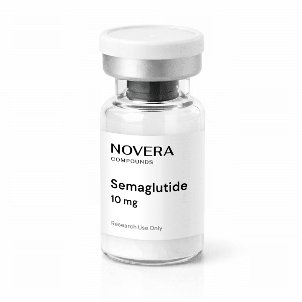 A clear vial labeled “Novera Compounds Semaglutide 10 mg, Research Use Only,” with a white cap, standing upright on a white background.