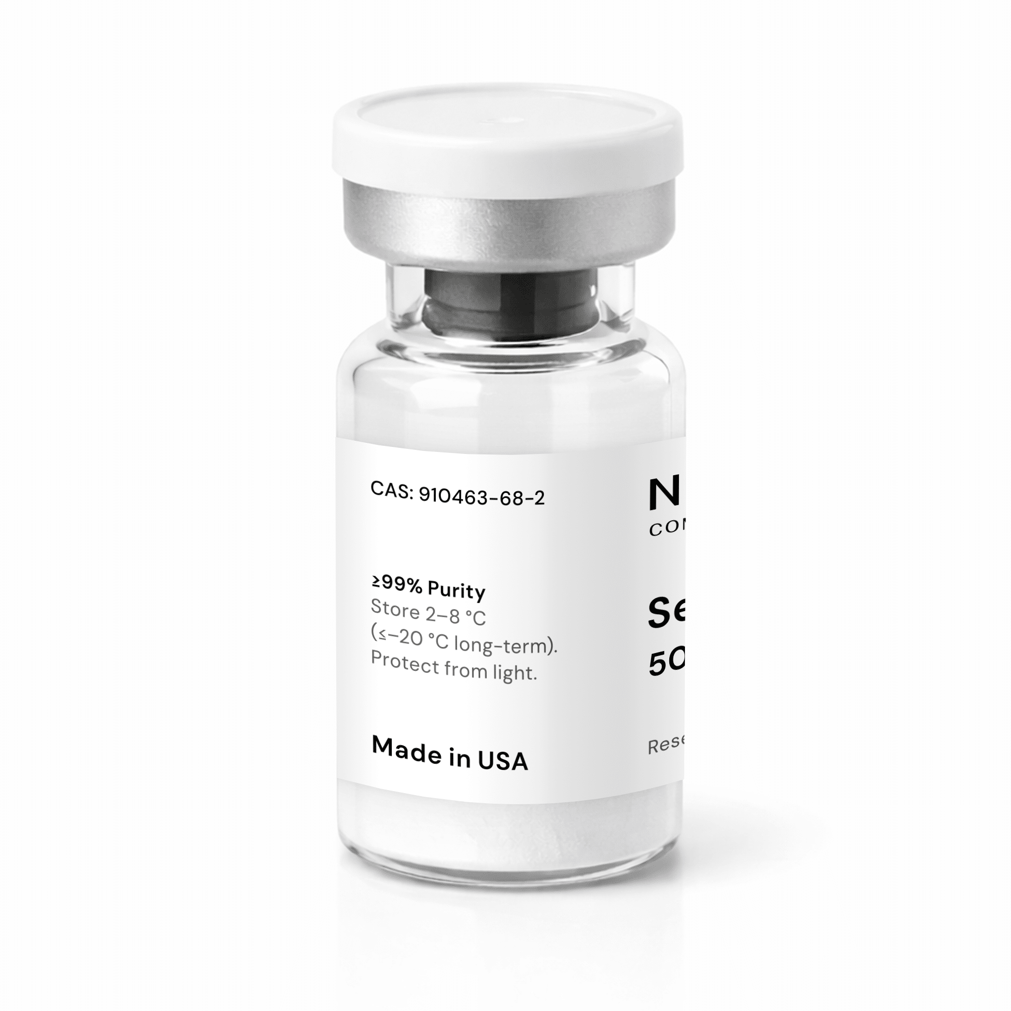 A clear vial with a white cap and label, displaying information such as “≥99% Purity,” storage