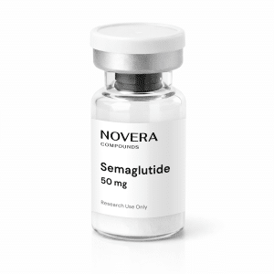A clear glass vial labeled “Novera Compounds Semaglutide 50 mg, Research Use Only” with a silver cap, containing white powder.