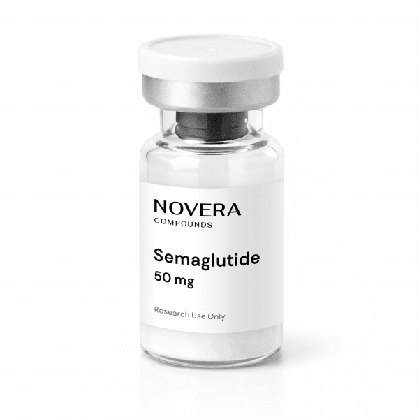 A clear glass vial labeled “Novera Compounds Semaglutide 50 mg, Research Use Only” with a silver cap, containing white powder.