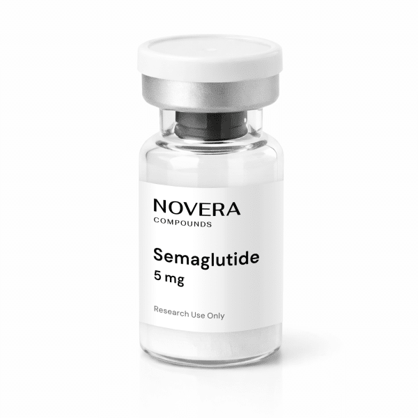 A clear glass vial labeled “Semaglutide 5mg, Research Use Only,” with a silver cap, standing upright on a white background.