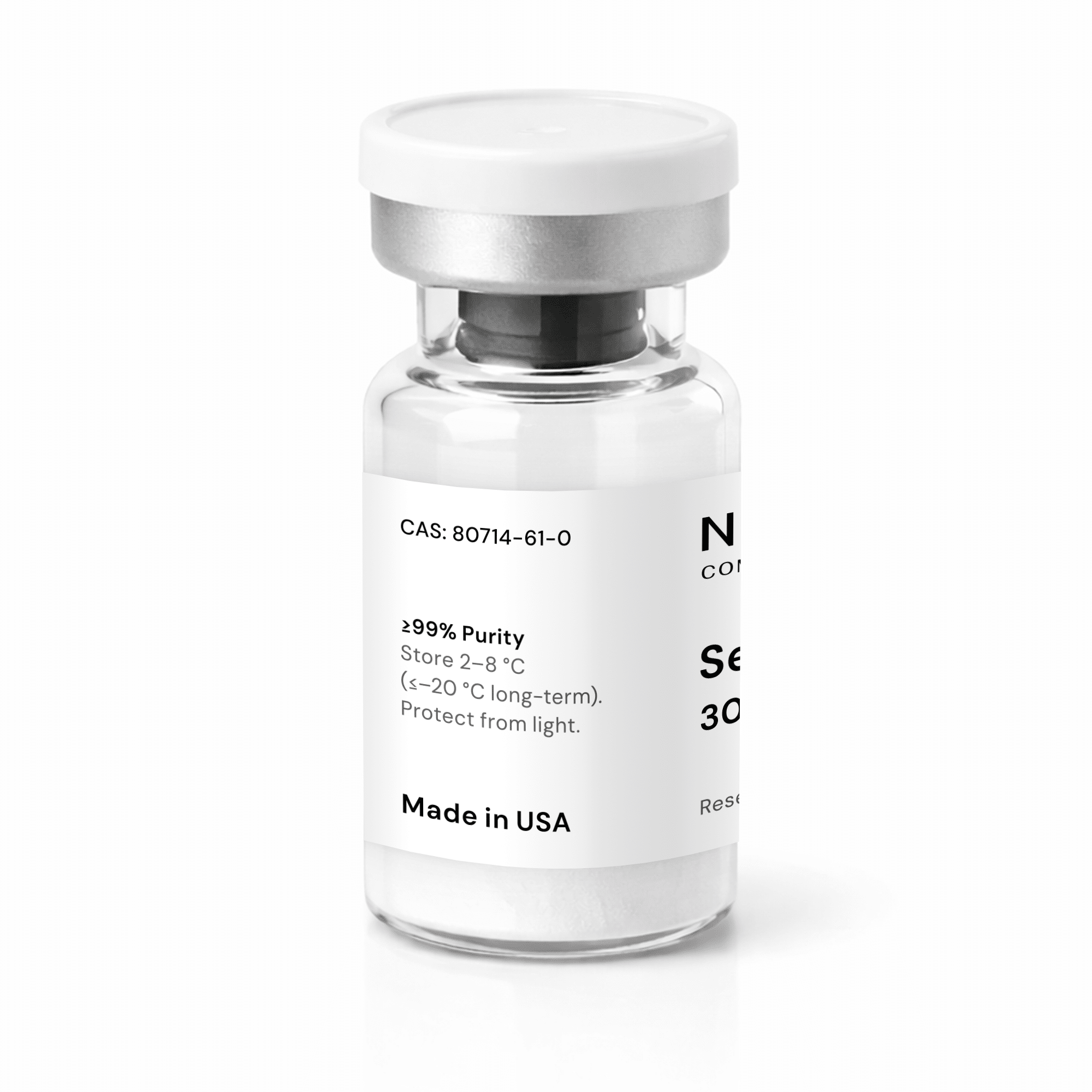A clear glass vial with a white cap, partially labeled with “≥99% Purity,” storage instructions