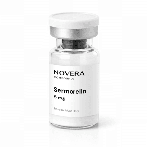 A clear vial labeled “Sermorelin 5mg, Research Use Only” with a silver cap and containing a white powder is displayed against a white background.