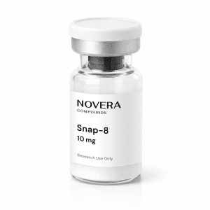 A clear vial labeled “Novera Compounds Snap-8 10 mg Research Use Only” with a silver cap, containing a white powder, is shown against a plain white background.
