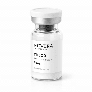 A clear vial with a white cap, labeled “Thymosin Beta 4 (TB500) 5mg, Research Use Only,” containing a white powder.
