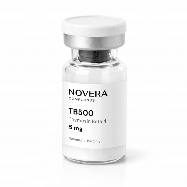 A clear vial with a white cap, labeled “Thymosin Beta 4 (TB500) 5mg, Research Use Only,” containing a white powder.