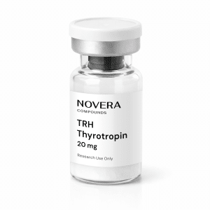 A clear vial containing a white powder, labeled “NOVERA COMPOUNDS, TRH Thyrotropin 20mg, Research Use Only,” and sealed with a silver cap.