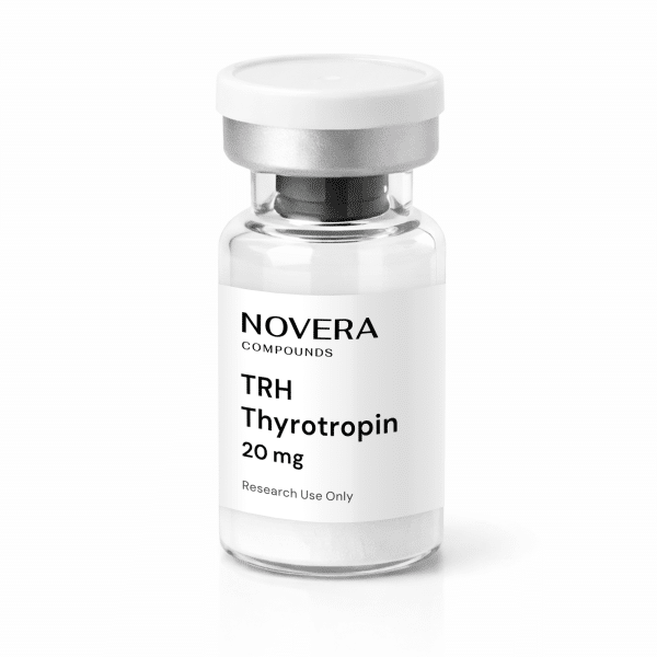 A clear vial containing a white powder, labeled “NOVERA COMPOUNDS, TRH Thyrotropin 20mg, Research Use Only,” and sealed with a silver cap.