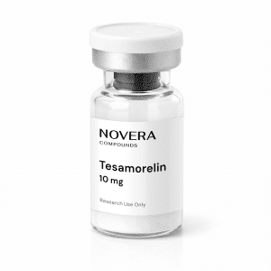 A clear vial labeled “Novera Compounds Tesamorelin 10 mg Research Use Only” with a silver cap, containing a white powder, on a white background.