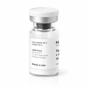 A clear glass vial with a silver cap, containing white powder. The label reads “2X Blend: Tesamorelin 10mg + Ipamorelin 2mg” and includes CAS numbers, purity over 99%, storage instructions, and “Made in USA.” The remaining text is partly visible or cut off.