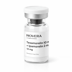 A clear vial with a white cap labeled “Novera Compounds” contains 2X Blend: Tesamorelin 10mg + Ipamorelin 2mg, for a total of 12mg. The label indicates “Research Use Only.”.